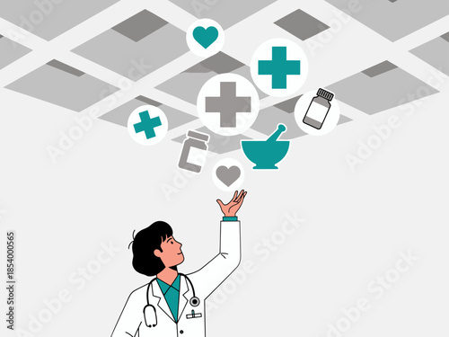 A doctor reaches towards healthcare icons ? plus sign, stethoscope, heart, and prescription ? symbolizing a structured approach to health. Modern, clean design.