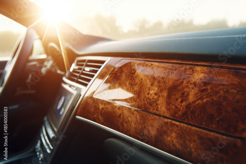 Burl wood veneer dashboard luxury car sunlight interior elegant premium detail craftsmanship modern design create warm and sophisticated atmosphere in vehicle cabin