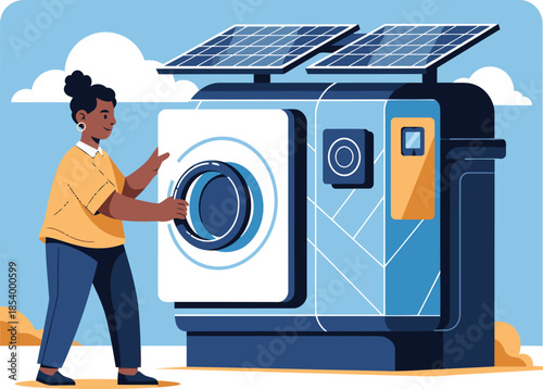 A diverse woman interacts with a modern washing machine powered by solar panels. Bright, clean design promotes sustainable energy. Power for All.