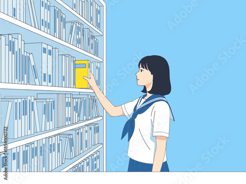 A young Japanese student explores a library shelf, captivated by a book. A serene and thoughtful scene, perfect for education and lifestyle visuals.