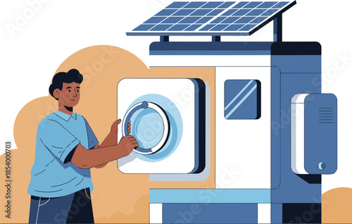 A man adjusts a solar panel washing machine, symbolizing sustainable power for all. Modern, clean design with a bright, optimistic feel.