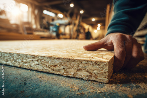 Hand inspecting textured wood panel rough surface carpentry workshop construction material close up natural color industrial setting woodworking craftsmanship focused atmosphere