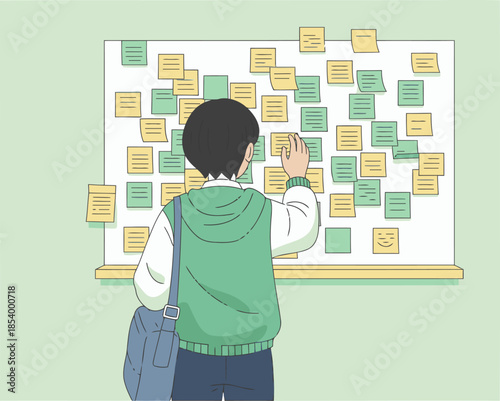 A young man connects sticky notes on a board, focused and thoughtful. A clean, modern illustration style. Ideal for productivity and organization themes.
