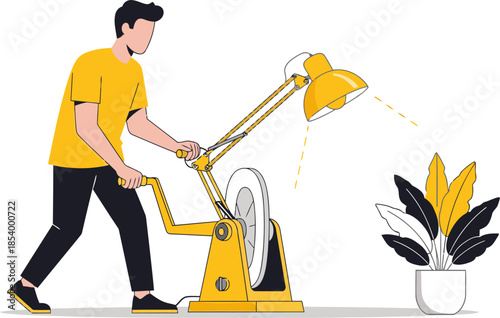 A man manually powers a vintage lamp with a hand crank, illuminating a plant. Illustrative style, vibrant colors, conveying 'Energy on Demand'.