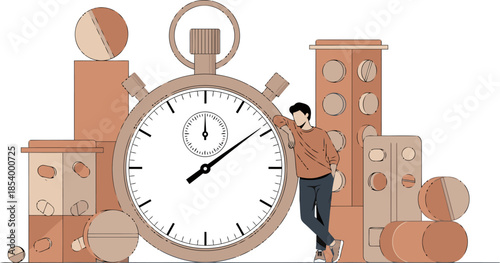 A man leans against a stack of pills and a stopwatch, symbolizing consistency in medication. Modern, illustrative style.