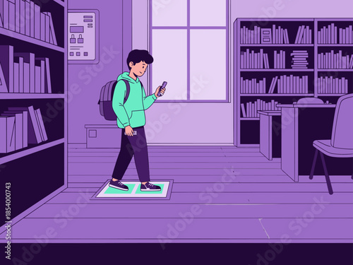 A young man uses his phone in a school library, bathed in purple light. He?s focused, walking on a digital grid. Illustrative style, modern, and inviting.