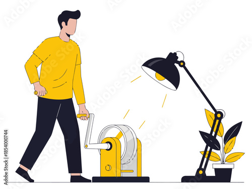 A man manually turns on a vintage lamp, illuminating a plant. Illustrative style, ?Energy on Demand? concept. Modern, vibrant, and visually engaging.