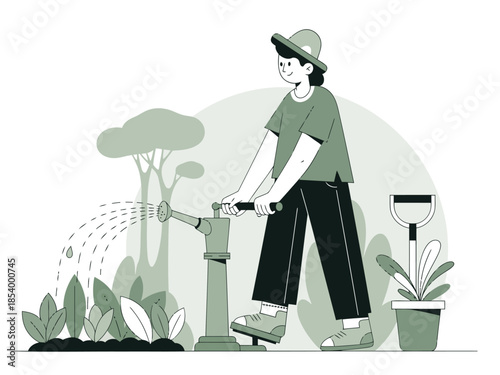 A young man waters plants with a hose, promoting energy and growth. A serene outdoor scene with lush foliage and a modern aesthetic. Grow your energy!