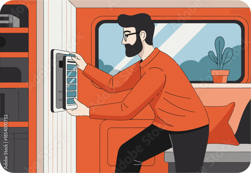 A man works on a laptop in a cozy, off-grid cabin. He?s focused, with a modern aesthetic and a touch of rustic charm. A plant adds a natural element.