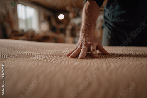 Hand inspecting textured burl wood veneer panel in warm workshop, craftsmanship and attention to detail, natural wood grain pattern, artisan woodworking, tactile surface, creative workspace