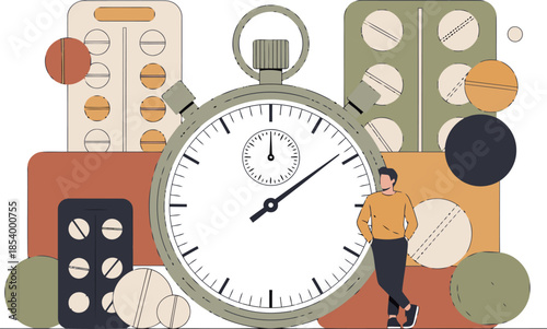 A man stands beside medication and a stopwatch, emphasizing the importance of consistency. Modern, flat design illustration.