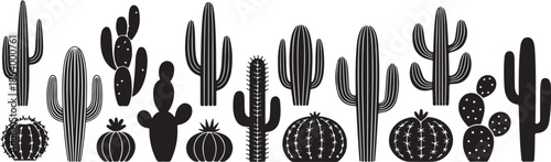 Collection of black cactus silhouettes on transparent background desert plants for western themes and summer graphics