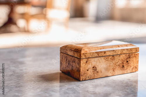 Burl wood veneer jewelry box luxury handcrafted container elegant storage polished finish natural pattern decorative sunlight close up smooth surface home interior