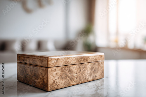 Burl wood veneer box sits on marble table in modern living room with soft sunlight creating warm and elegant atmosphere perfect for luxury home decor