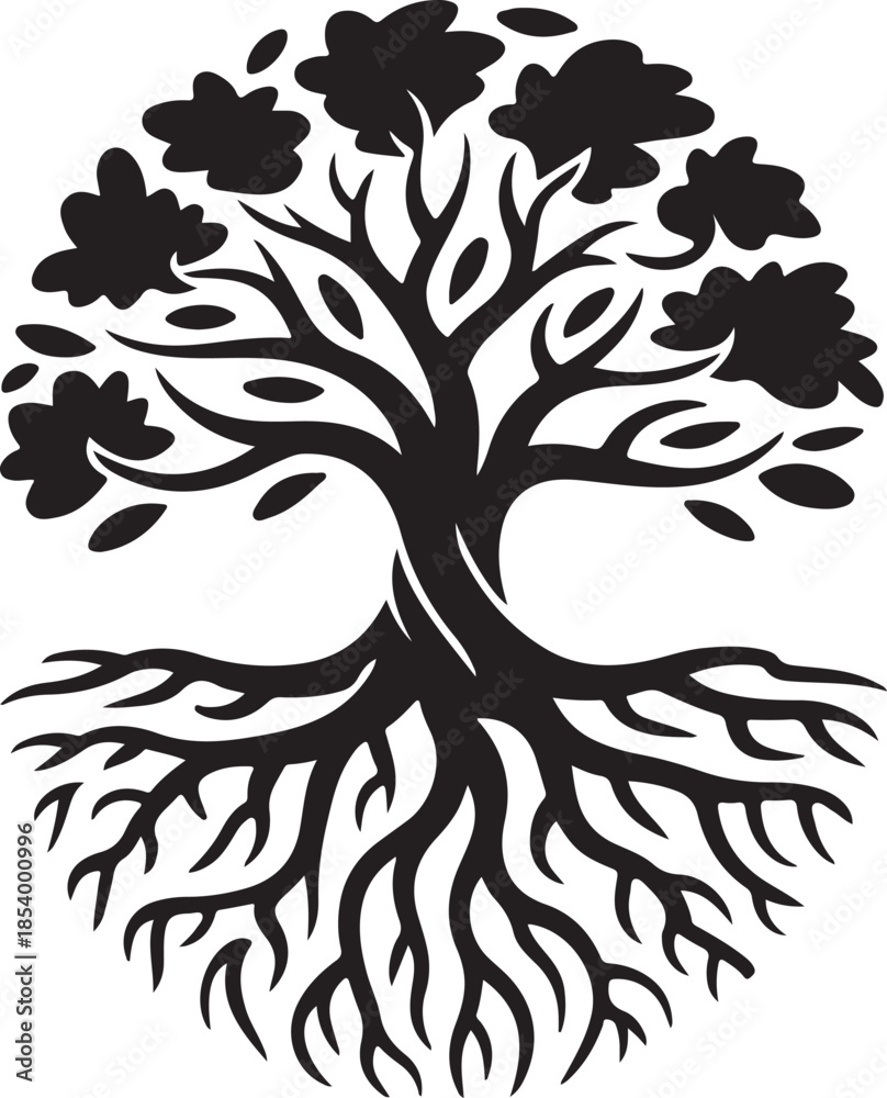 Obraz premium Ancient tree of life symbol with sprawling roots and lush leaves, representing growth, connection, and eternity