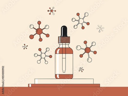 A sleek bottle of serum surrounded by molecular structures, conveying purity and potency. Modern, minimalist design for beauty and wellness visuals.