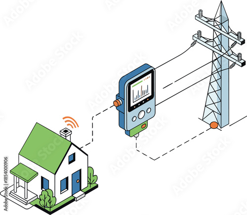 Smart energy usage illustration shows a home connected to a utility grid via a smart meter. Modern, clean design highlights efficient energy monitoring.