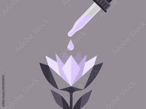 A stylized flower receives a drop of purple liquid, symbolizing natural beauty and botanical science. Modern, graphic design.