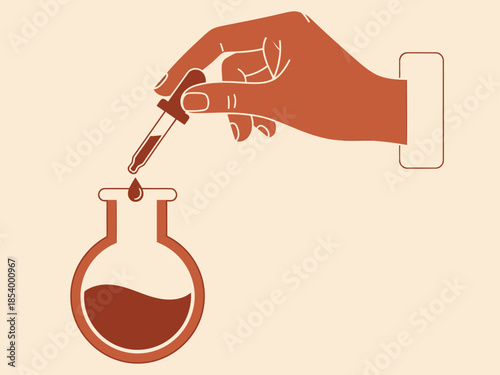 A stylized hand drips serum into a laboratory flask. Modern beauty ritual illustration. Clean, graphic design. Minimalist aesthetic.