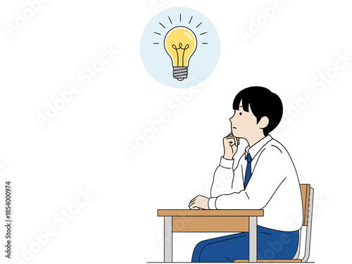A thoughtful young boy sits at a desk, contemplating an idea represented by a lightbulb. Clean lines and a minimalist style evoke creativity and innovation.