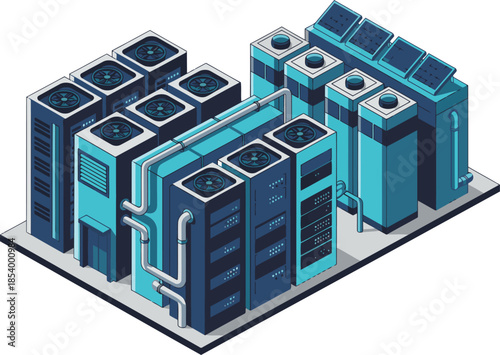 A stylized isometric view of a sustainable data hub featuring solar panels and cooling systems. Modern, blue and grey design. Ideal for tech and sustainability concepts.