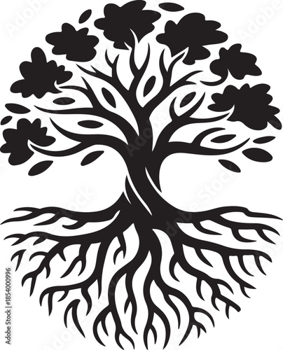 Ancient tree of life symbol with sprawling roots and lush leaves, representing growth, connection, and eternity