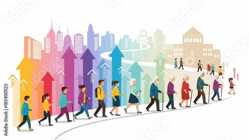 Diverse group of people walking up a path representing progress and growth.