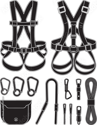 Climbing safety equipment including harnesses carabiners rope and pouch black and white illustration