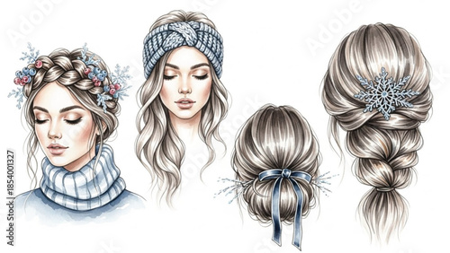 Winter Hairstyle Fashion Illustration Set of Women with Braids Buns Knit Headband and Snowflake Accessories