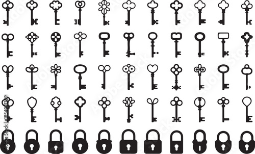 collection of various antique and vintage keys and padlocks isolated on transparent background