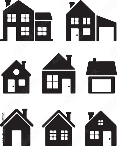 Set of nine diverse black house silhouettes with various architectural styles isolated on a transparent background