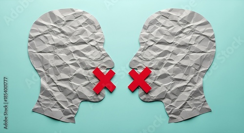 Conceptual image of two crumpled paper human profiles facing each other with red crosses over their mouths symbolizing silence, censorship, or lack of communication