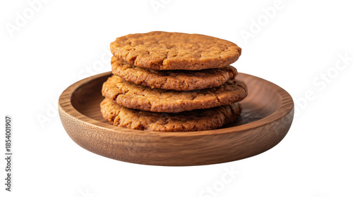 Wooden bowl with small stack of freshly baked round oat cookies. Simple dessert.