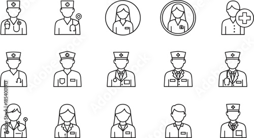 Medical staff and healthcare professional icon set with doctors nurses and hospital personnel symbols for clinic and health design