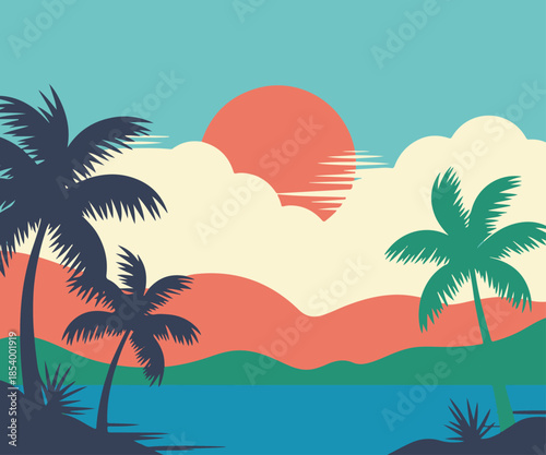 Minimalist landscape with palm trees ocean and sun in retro color palette