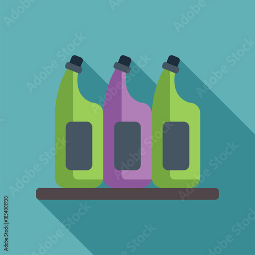 Row of various color bottles standing on a shelf with long shadows