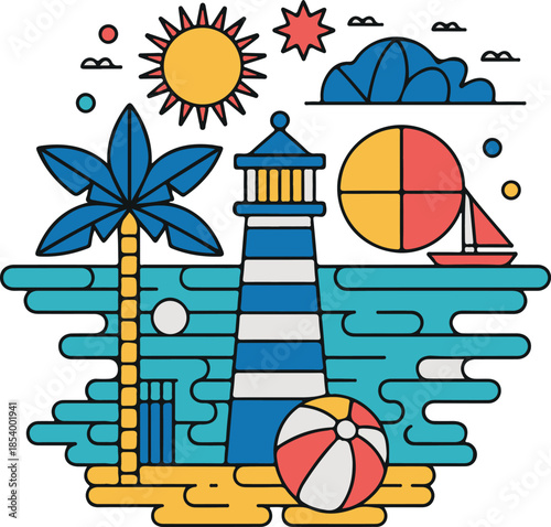 Lighthouse on beach with palm tree sailboat and beach ball in flat graphic style