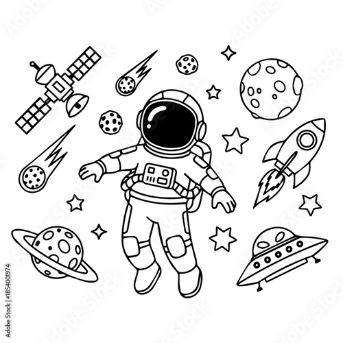 Vector illustration of an astronaut floating with space objects around him, for a coloring book sheet