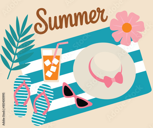 Summer vacation essentials laid out on beach towel sunglasses hat drink flip flops