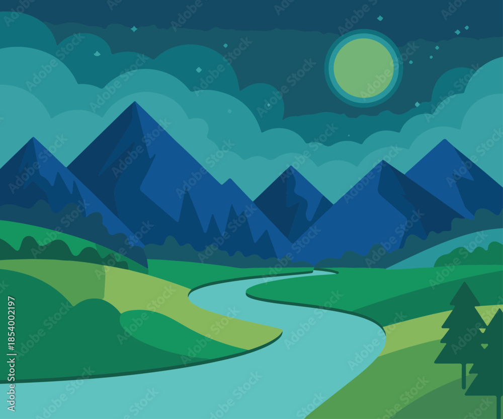 Obraz premium night landscape with mountains river and moon in deep blue and green colors