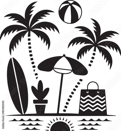 beach vacation elements silhouette with palm trees surfboard umbrella beach ball and sun setting over ocean waves