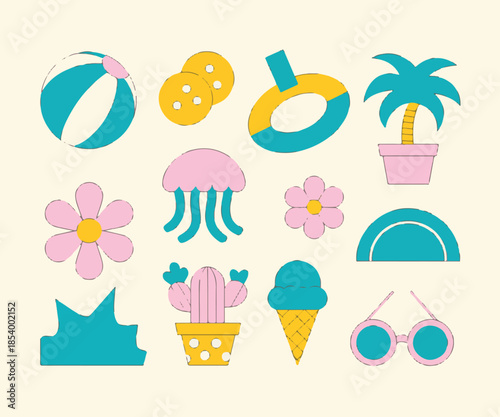 retro summer beach vacation icons with cute jelly fish and cactus in pastel colors