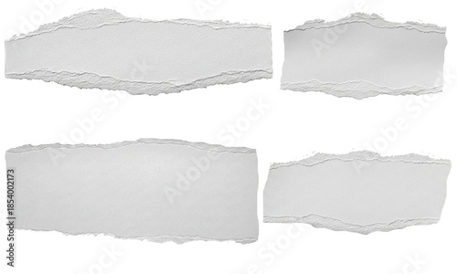 White torn paper strips set. Ripped paper edges, rough textured torn sheets, realistic paper tear elements isolated on transparent background