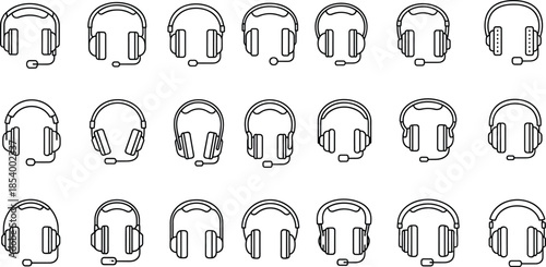 Headphone and headset outline icon set with audio listening communication and music symbols for technology and media design