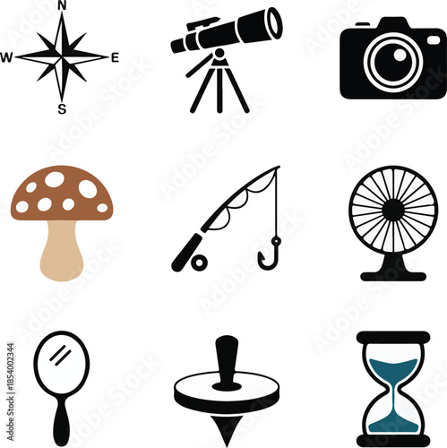 Set of travel and hobby related icons compass telescope camera mushroom fishing fan mirror spinning top hourglass