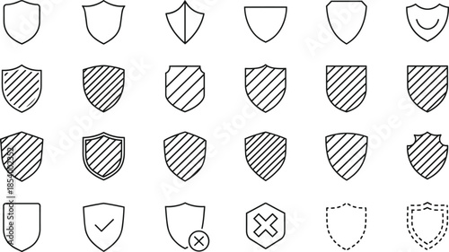 Shield and security outline icon set with protection safety verification and defense symbols for digital and corporate design