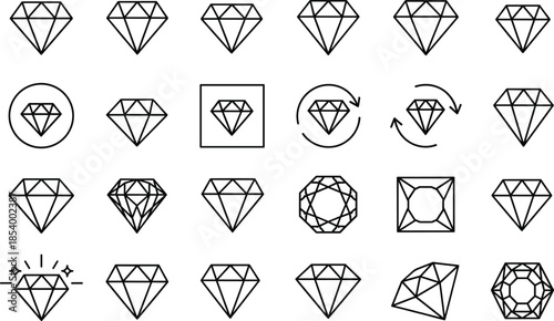 Diamond and gemstone outline icon set with luxury crystal jewel symbols for jewelry branding finance and premium design