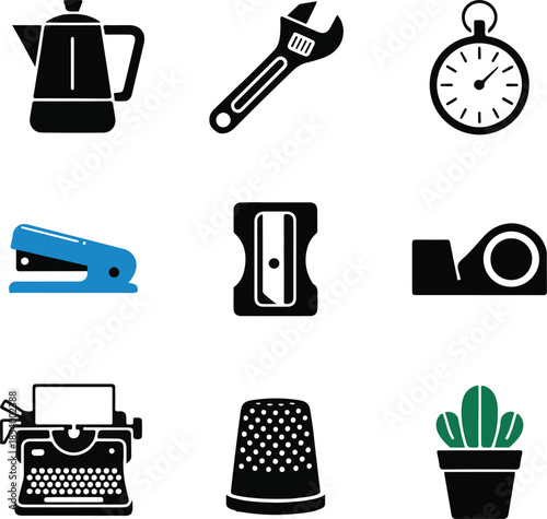 Group of nine icons including coffee maker wrench stopwatch blue stapler pencil sharpener tape dispenser typewriter thimble cactus plant