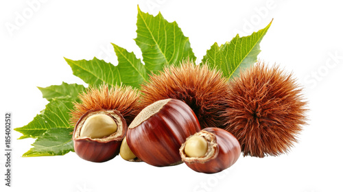 Chestnuts spiky shells whole nuts with green leaves food ingredient
