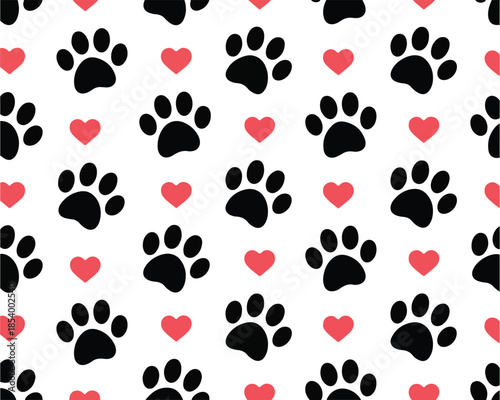 Seamless pattern with black animal paw prints and red hearts on transparent background vector illustration